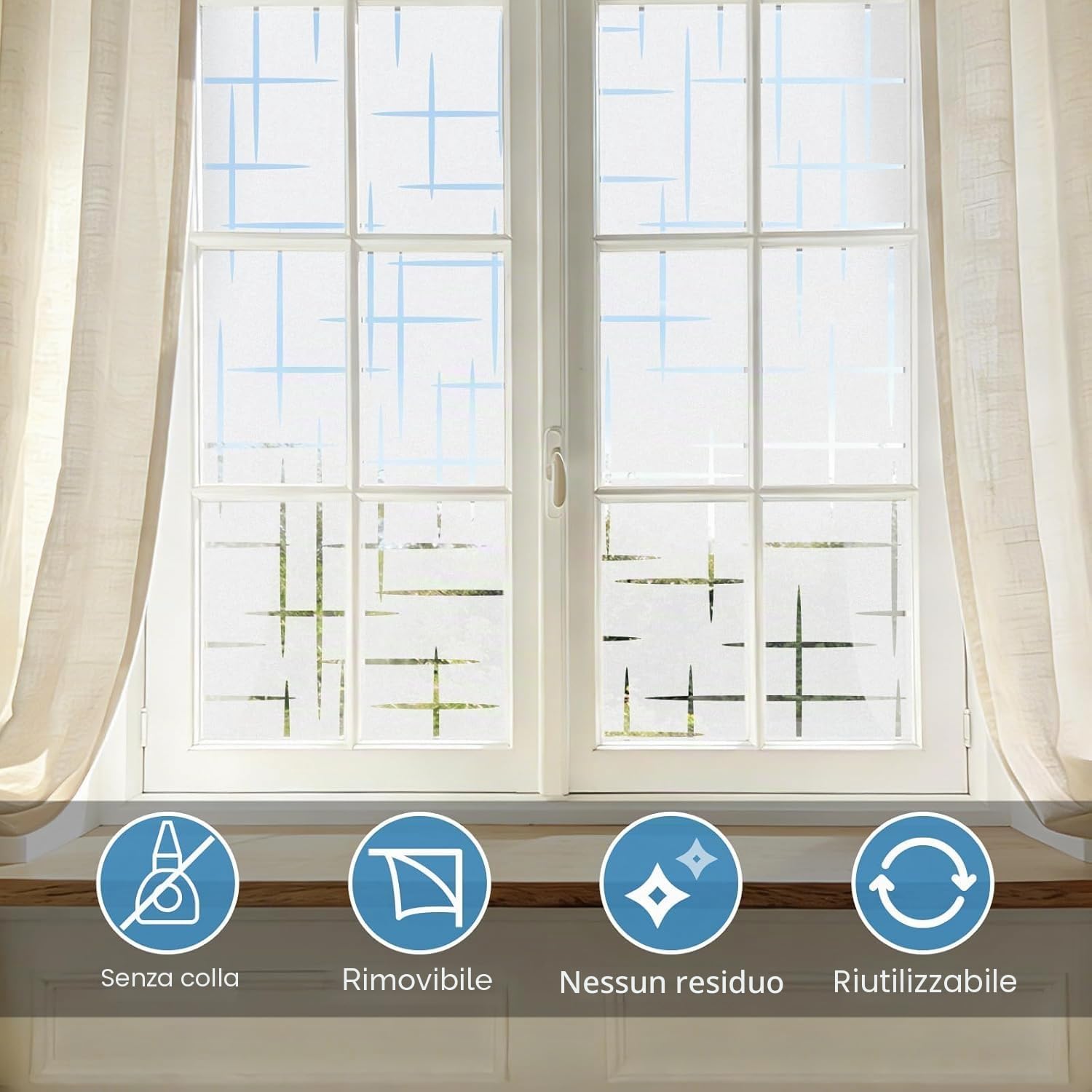 FINNEZ Pellicola per Finestre Vetri 115 x 400cm Smerigliata per Finestre Vetri-Autoadesive Anti-UV, Statica, Privacy per Cucina,Ufficio,Camera da Letto (Schema a Croce)