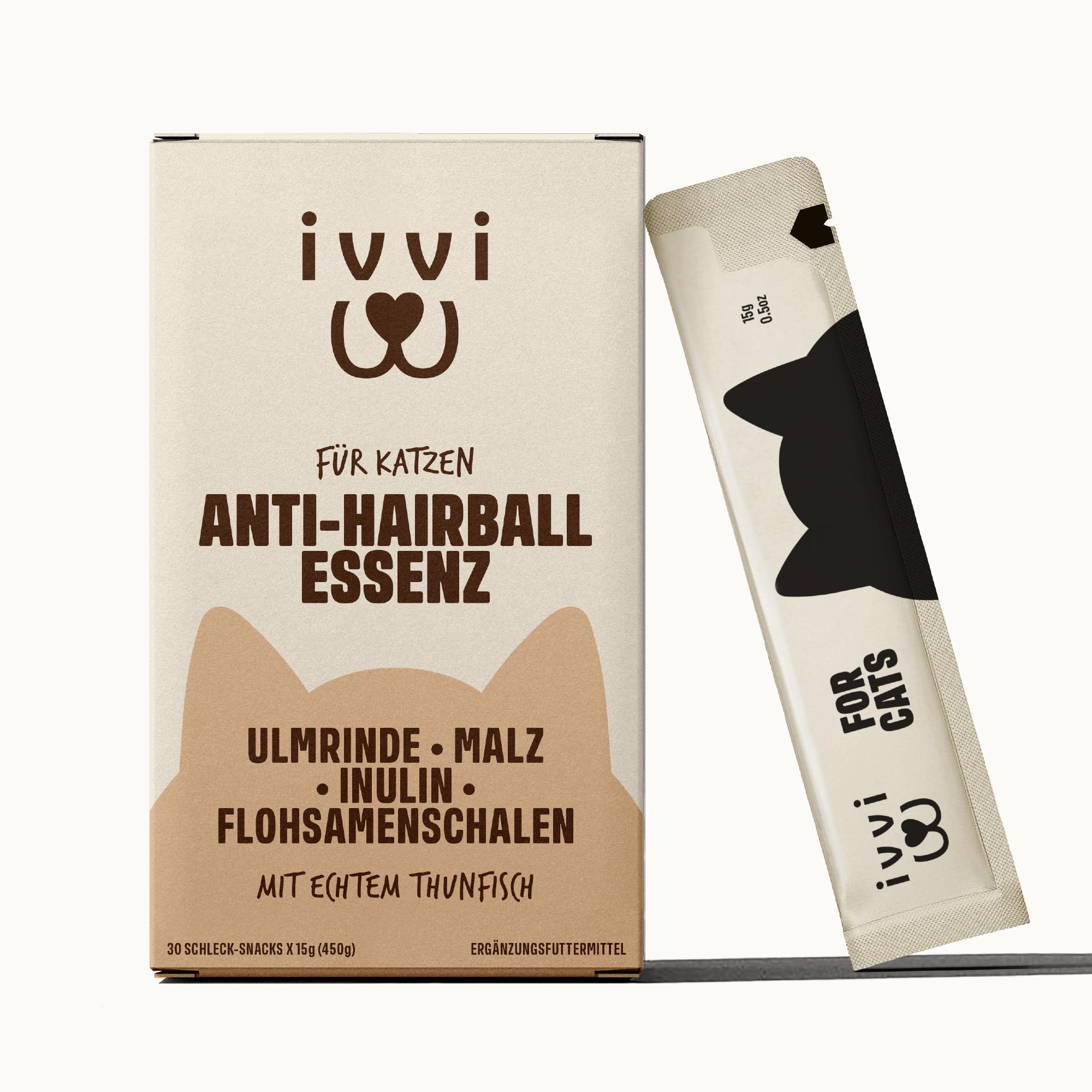 ivvi Anti-Hairball Essenz für Katzen – Schlecksnack mit Malz, Ulmenrinde, Inulin & Flohsamenschalen – gegen Haarballen – 30x15g – mit echtem Thunfisch