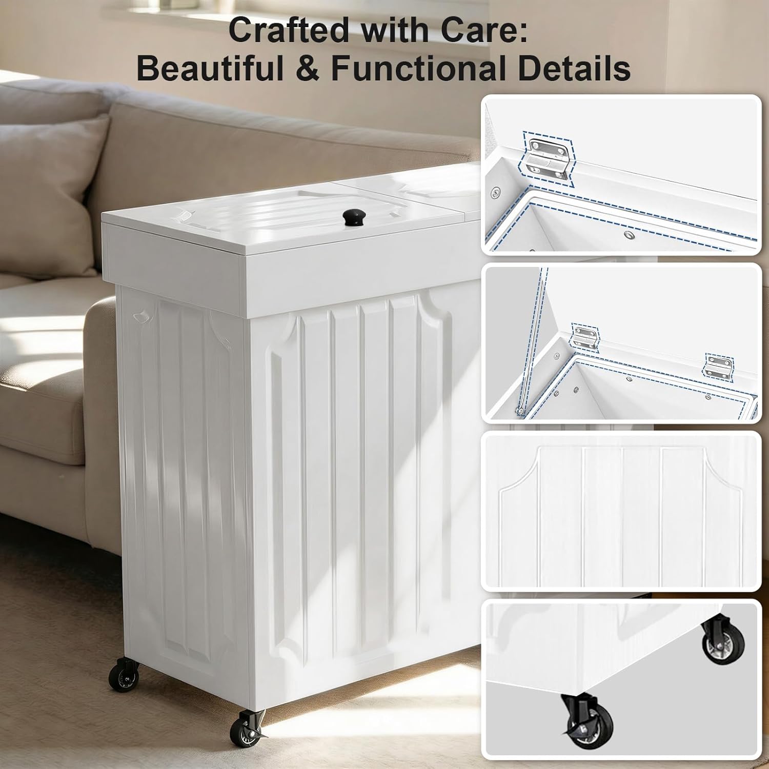 Wood Trash Can Cabinet, 2×13 Gallon Dog Proof Kitchen Garbage Can with Lid, Hidden Trash Storage with Wheels, Metal Ring Included, 29.5" L x 12.6" W x 27.5" H, White (White)