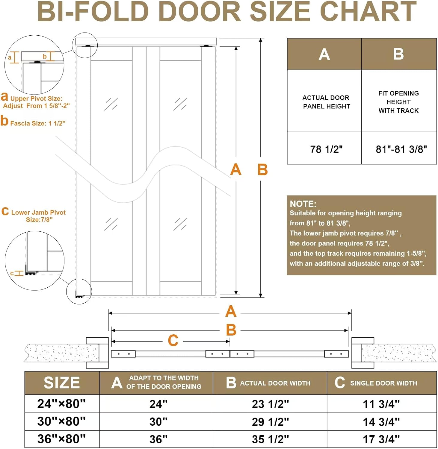 36'' x 80" Solid Bifold Closet Door, Pine Wood Interior Door Slab with Bi-Fold Hardware, Folding Barn Door Interior with Hardware, Fascia & Knob, Unfnished Smooth Surface