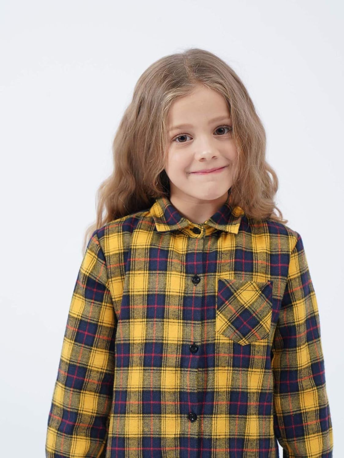 Oyolan Kids Girls Cotton Oversized Plaid Shirt Blouse Lapel Long Sleeve Button Down Casual Checked Shirt