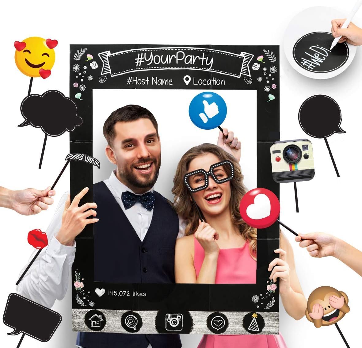 BPA® Cardstock Insta-Themed Social Media Party Photo Booth Selfie Frame and Wedding Event & other Decoration, size : 34.2 x 24.7 inches, multicolour