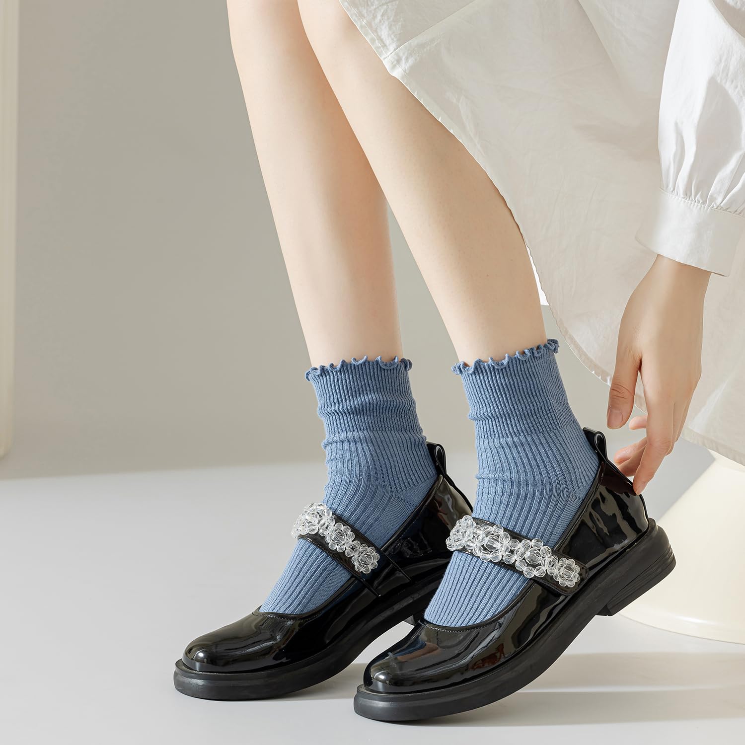Mcool Mary Women's Ruffle Socks,Casual Cute Ankle Breathable Knit Cotton Soft Frilly Crew Socks for Women 6 Pack: 5-9 6colors(blue+grey+dark Blue+white+milk White+black)