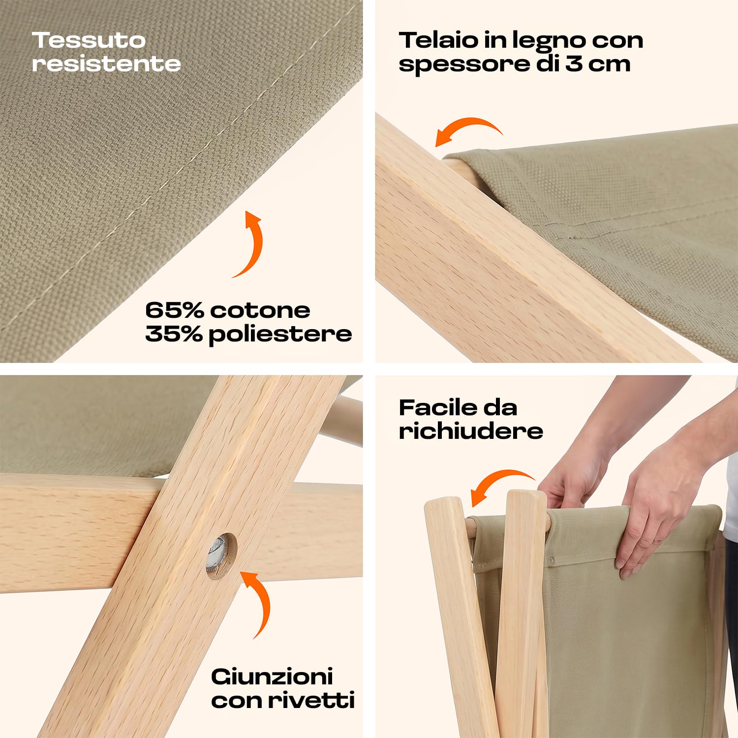 Sdraio da Giardino Pieghevole in Legno di Faggio – Lettino Prendisole da Giardino Reclinabile 3 Posizioni, Sedia Sdraio da Esterno fino a 120 kg, Sdraio da Balcone e Spiaggia, Beige