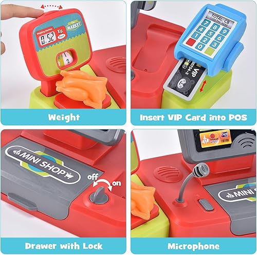 Miniatura 5 de G.C Juguete de caja registradora para niños, juego de simulación con calculadora real, escáner de sonido, carrito de compras, alimentos, dinero de