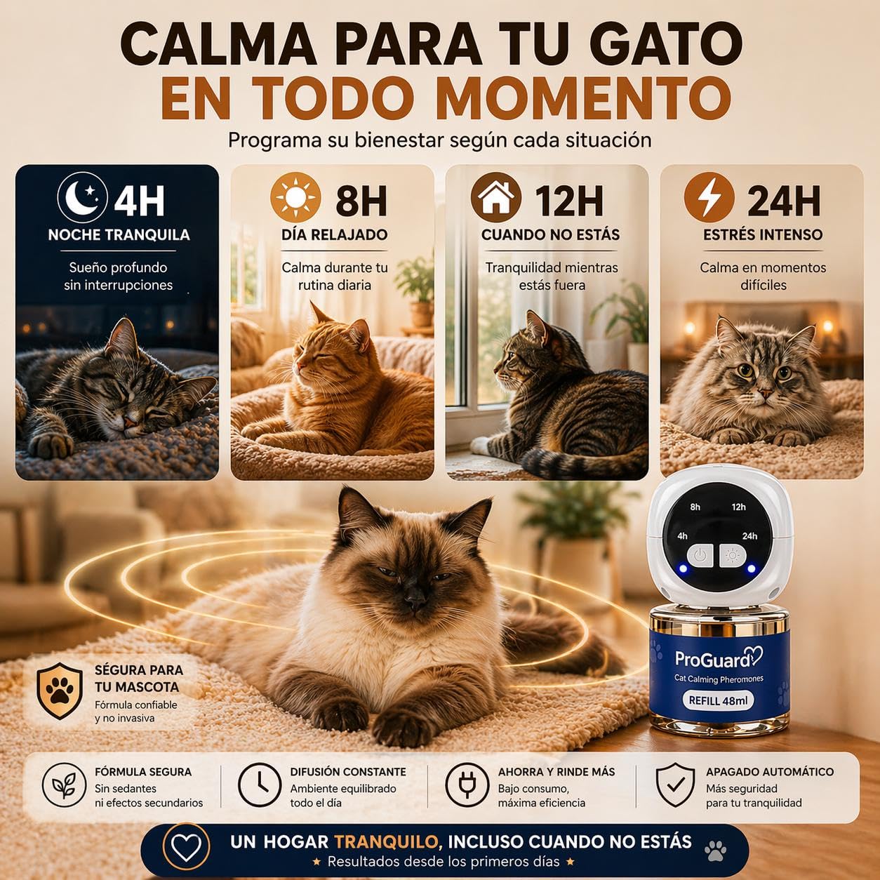 ProGuard® Difusor de Feromonas Calmantes para Gatos | Kit 3 Difusores con Temporizador + 6 Recambios (48 ml) | Solución Natural para Ansiedad y Estrés en Gatos y Gatitos, hasta 180 Días de Duración