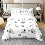 Cartoon Rocket UFO 100% Cotton Duvet Cover Twin Outer Space Theme Bedding Set for Boys Kids Astronaut Alien Comforter Cover Galaxy Universe Planet Quilt Cover 2Pcs(No Comforter)