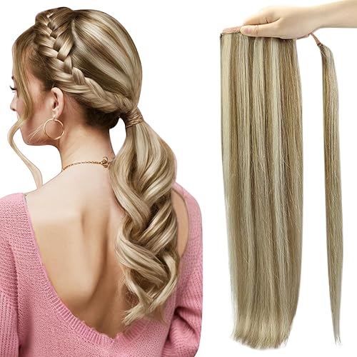 Full Shine Extensiones de cabello humano con clip, color castaño medio, reflejos rubio miel, extensiones de cola de caballo lacias, para mujeres,