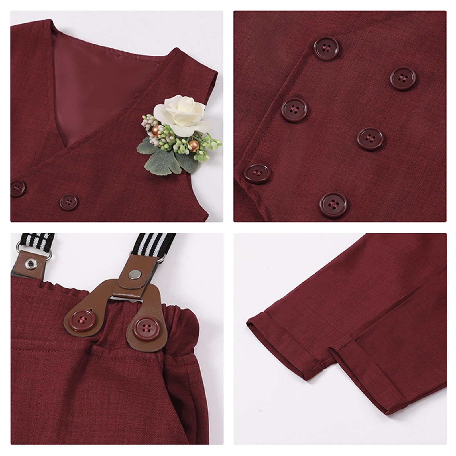 2025 Elegante traje elegante con chaleco verde rojo para niños pequeños hombres, ropa formal de fiesta, ropa de vacaciones