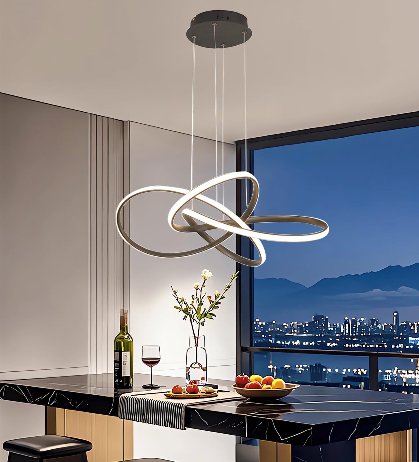 Lampa wisząca LED Nowoczesna kreatywna lampa wisząca Lampa wisząca w kształcie pierścienia Z regulacją jasności za pomocą pilota Regulowana wysokość 3000K-6000K do salonu jadalni gabinetu (Czarny)