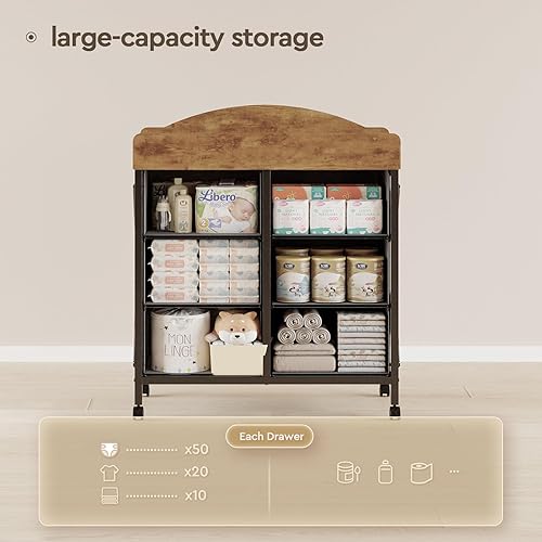 Miniatura 4 de Cambiador de bebé con ruedas, cómoda de bebé de 6 cajones con cambiador, estación y almohadilla impermeable para cambiar pañales, unidad de