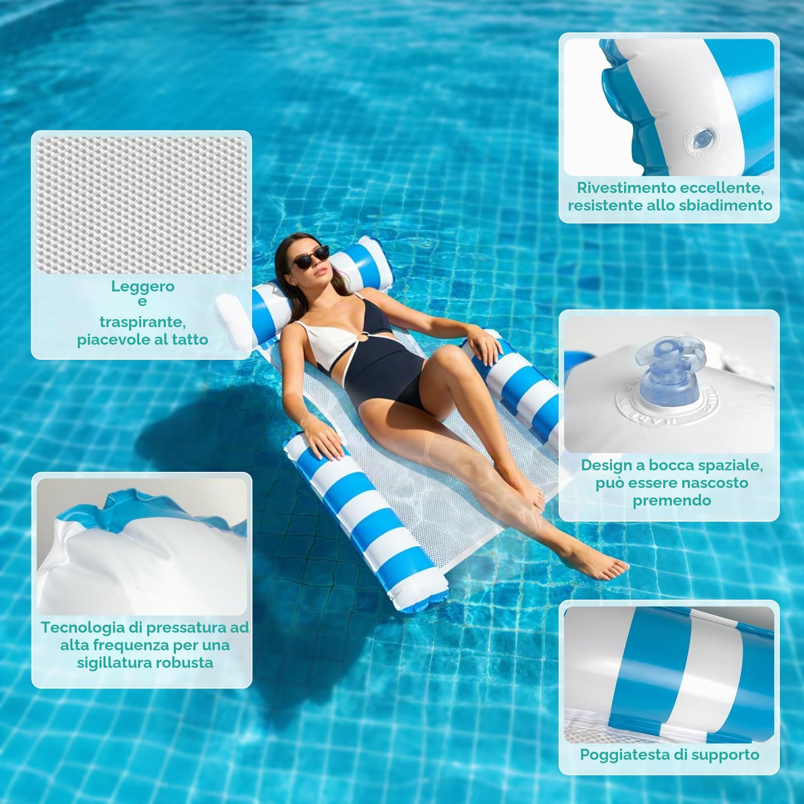 2 Pezzi Materassino Mare, 4-in-1 Materassino Piscina con pompa d'aria, Materassino Gonfiabile Mare Piscina con Schienale e Braccioli | seggiolino da piscina, sedia da sole, sedia relax con schienale e braccioli