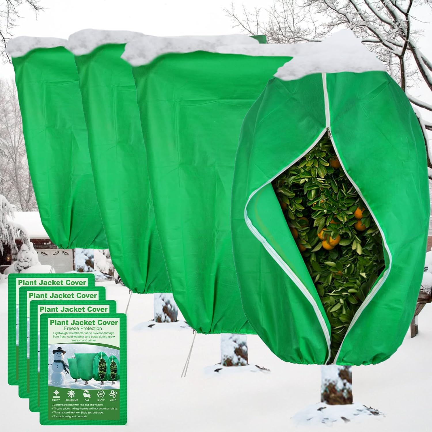 SPORTYOUTH 4 Pack Plant Covers Freeze Protection, 47.2" x 72" Large Winter Frost Blankets Cloth with Zipper Drawstring, 2.4 oz Reusable Jacket Cover Bags for Outdoor Plants Shrub Bush Tree Potted