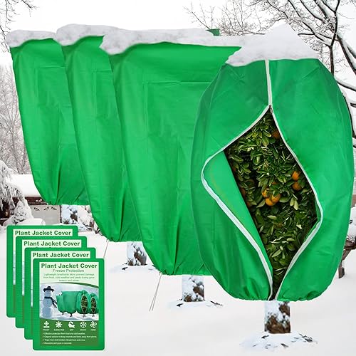 SPORTYOUTH Paquete de 4 cubiertas para plantas, protección contra la congelación, mantas de invierno de 32 x 47.2 pulgadas con cordón de cremallera,