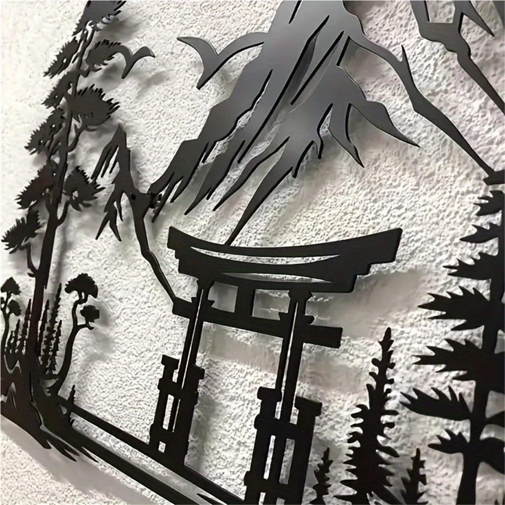 Japanisches Torii Tor aus Metall Wandskulptur mit gestreiftem Blumenmuster Zen Stil für Zuhause und Büro Asiatisch inspirierte Raumdekoration mit Naturmotiven (40 cm/15,74 Zoll)