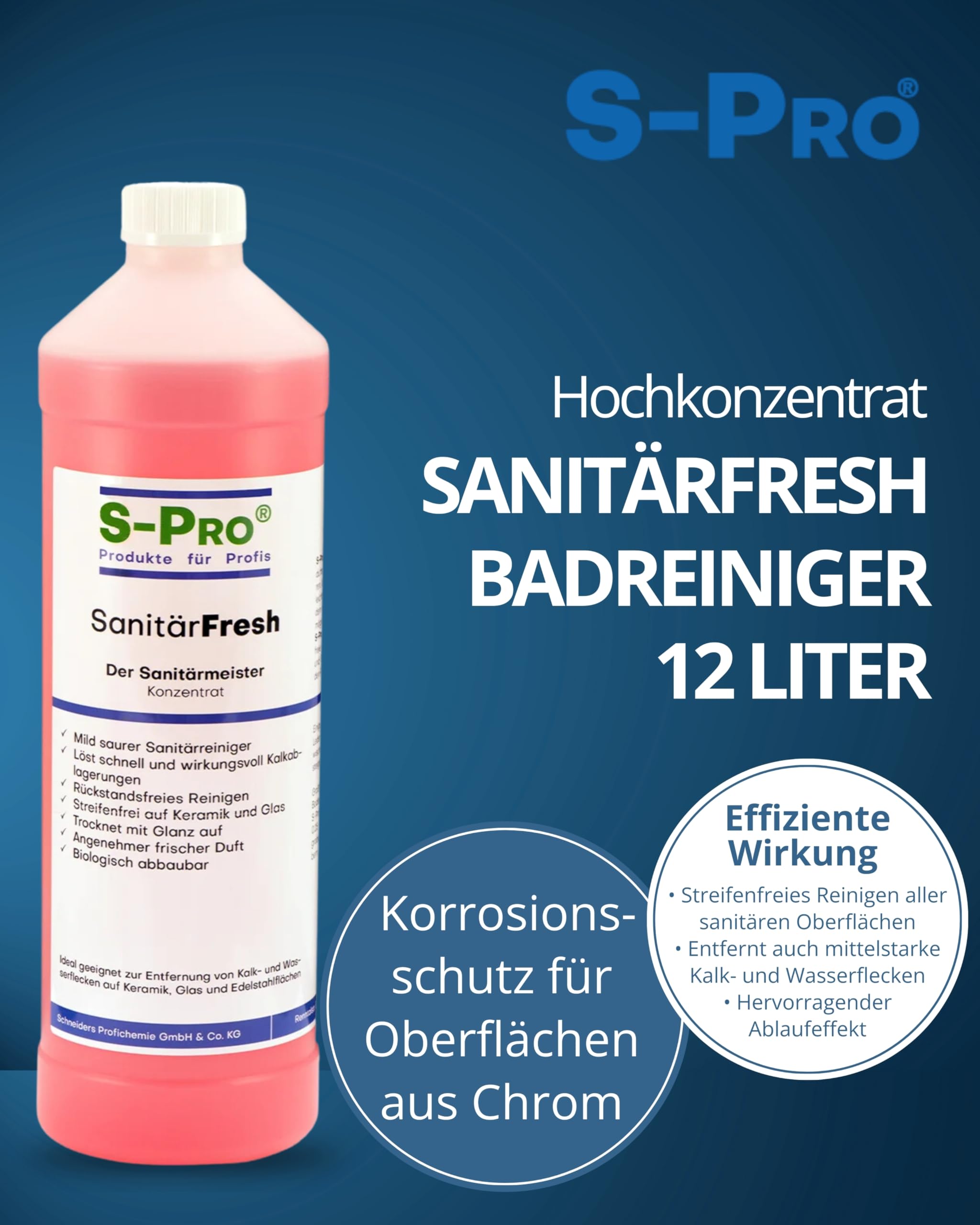 S-Pro SanitärFresh 12x 1 Liter Sanitärreiniger Konzentrat für Bad und Toilette, gegen Kalk und Wasserflecken, Reiniger Sanitär mit Frischeduft und Glanzeffekt