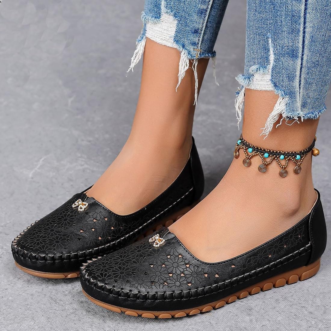 Stilvolle und leichte orthopädische Schuhe, florale Aushöhlung Fahrschuhe | Orthopädische Damen-Slipper aus atmungsaktivem Leder, Slip-On-Strass-Schleife, Wanderschuhe für Business, Freizeit, elegant