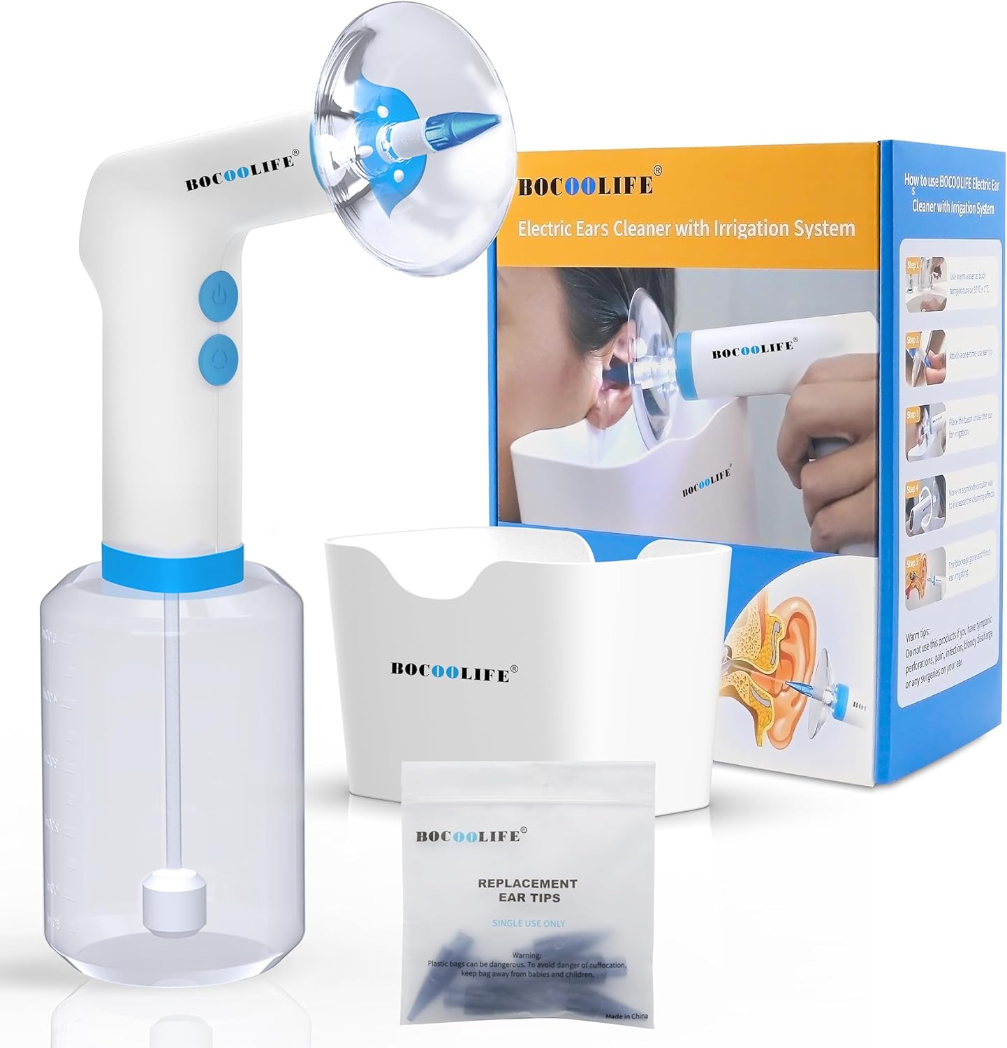 BOCOOLIFE Electric Ear Wax Removal Kit – Water Flushing Irrigation System Ears Flush Cleaner Powered Cleaning 4 Pressure Settings, Safe & Effective Ear Cleaning for Adults, Includes 5 Tips