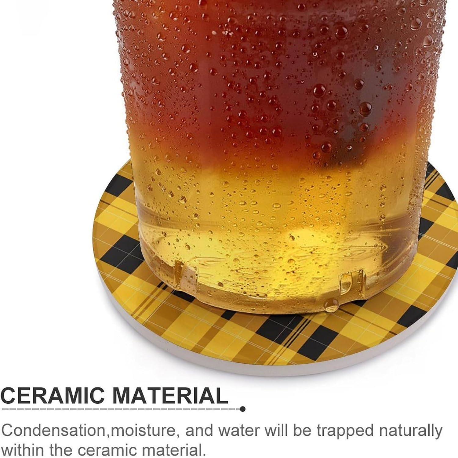 Plaid Checkered Yellow Round Ceramic Coasters for Drinks Absorbent Cup Holder Tabletop Protector with Cork Base