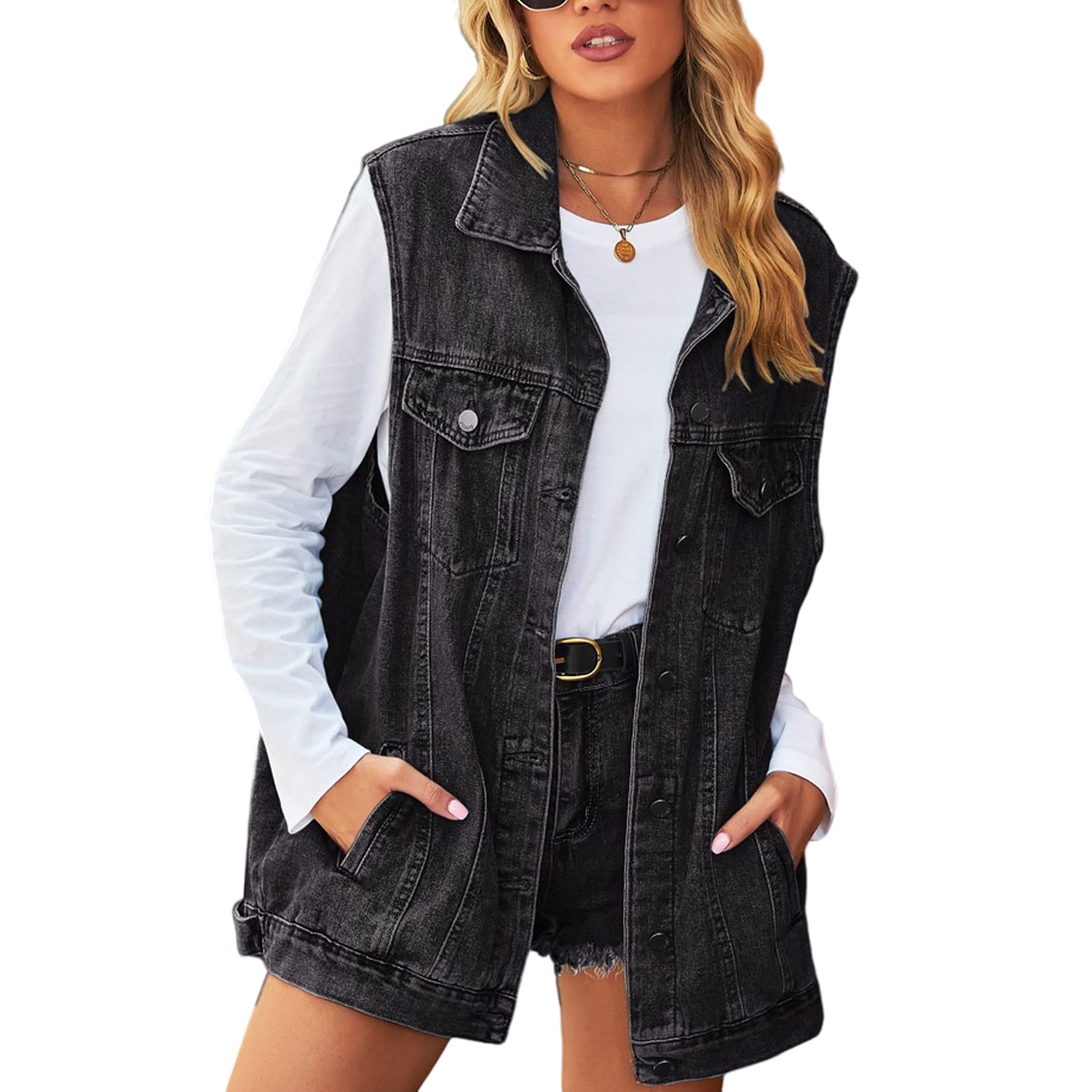 Perbai Women's Oversized Denim Vest Distressed Mid Long Sleeveless Jean Jacket Waistcoat with Pockets