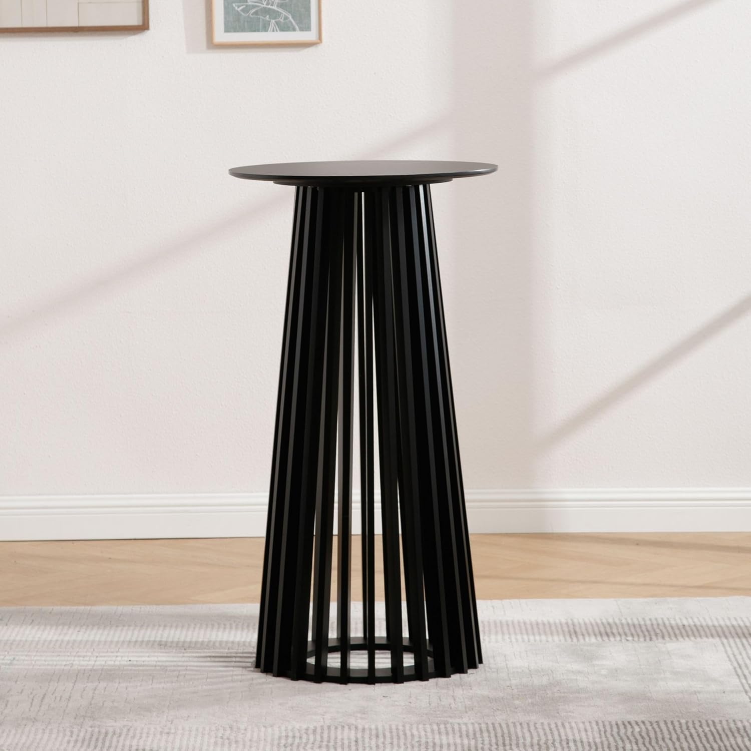 LukeAlon 43.5" High Round Bar Table, Modern Wood Cocktail Table with Columnar Wooden Strips Base, Stylish Pub Table for Bistro Parties Kitchen Coffee Shop, Black