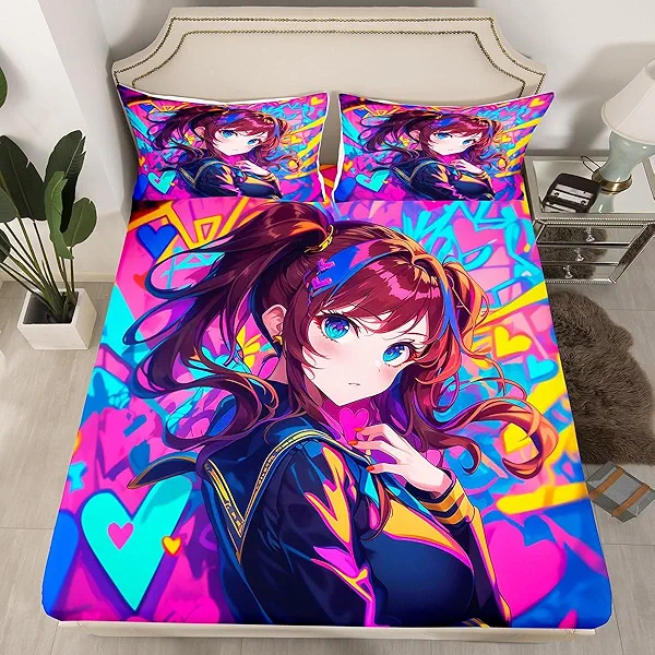 Erosebridal Anime Girl Full Fitted Sheet, Japanese Anime Bed Sheets for Kids Girls Teens Adult Bedroom, Cartoon Girl Bedding Set Kawaii Japanese Animation Sheets 3 Piece, Purple