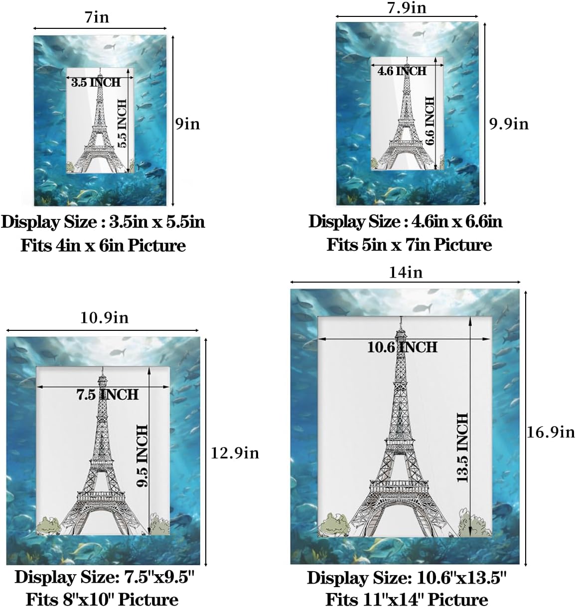 Oceans and Seas Seabed 5x7 Picture Frame Underwater World Photo Frame 5 by 7,Horizontal & Vertical Display 5x7 or 4x6 Pictures For Desktop Wall Collage Decor