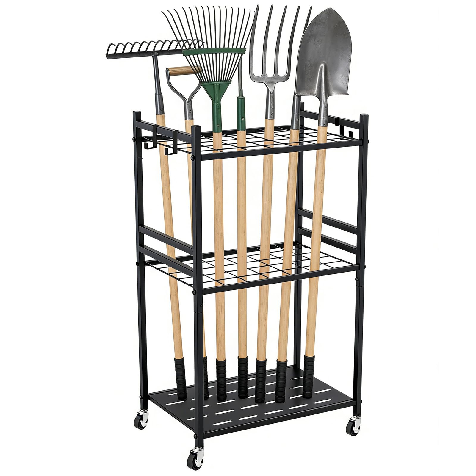 Garden Tool Storage Rack,Heavy Duty 3 Tier Garden Tool Storage Rack (30x43x79.4cm) - 35 Slot Shed Organiser with Lockable Wheels & 3 Hooks, Durable Garden Tool Holder for Garage, Yard & Outdoor Use