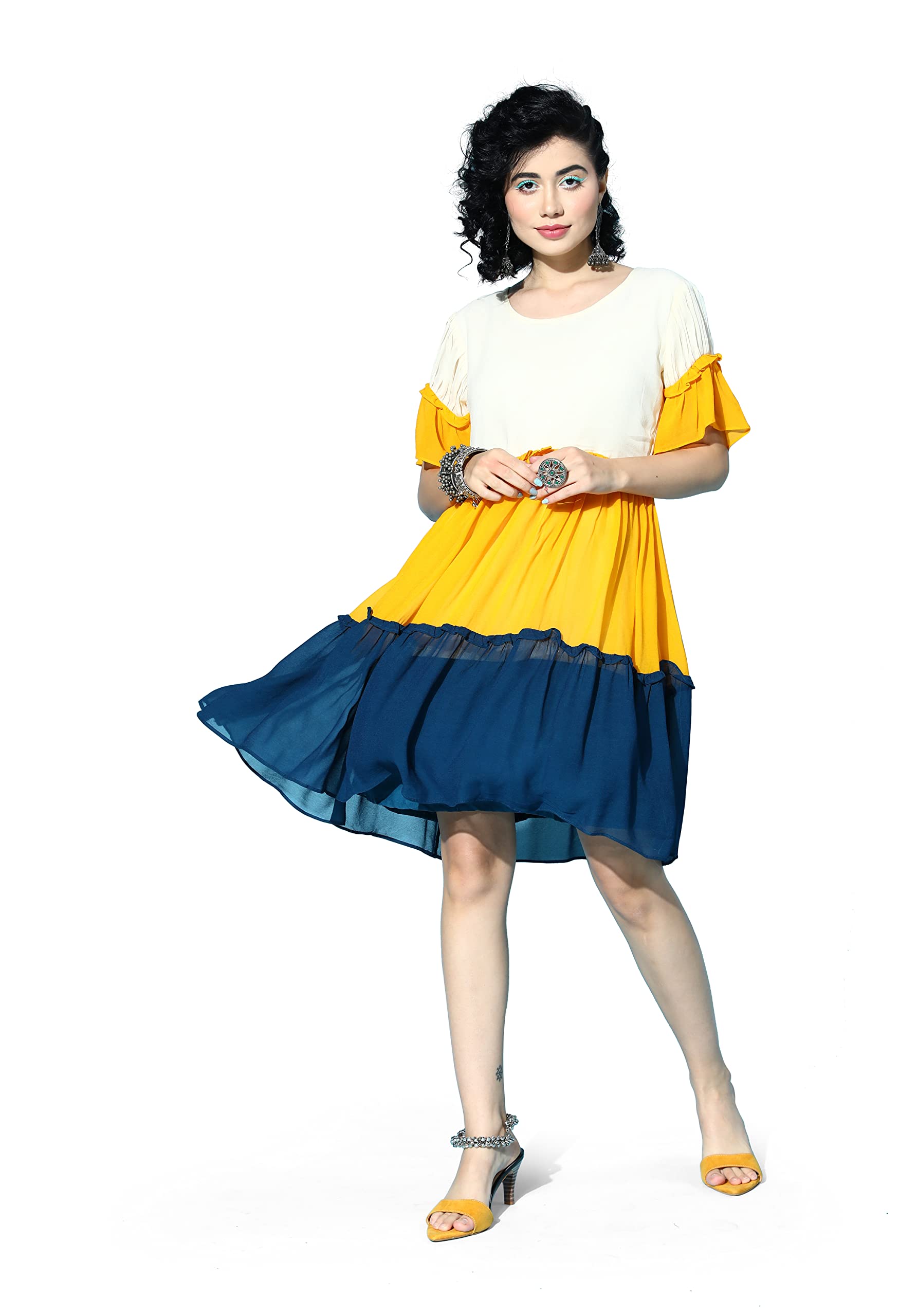 Red Chiffon Solid Frilled Flared Ruffled A-Line Western Dress