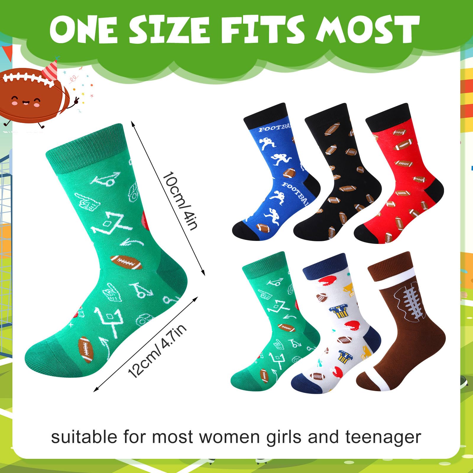 HooLing 6 pares de calcetines de fútbol para niños, calcetines deportivos novedosos, informales, regalos divertidos para niñas y niños