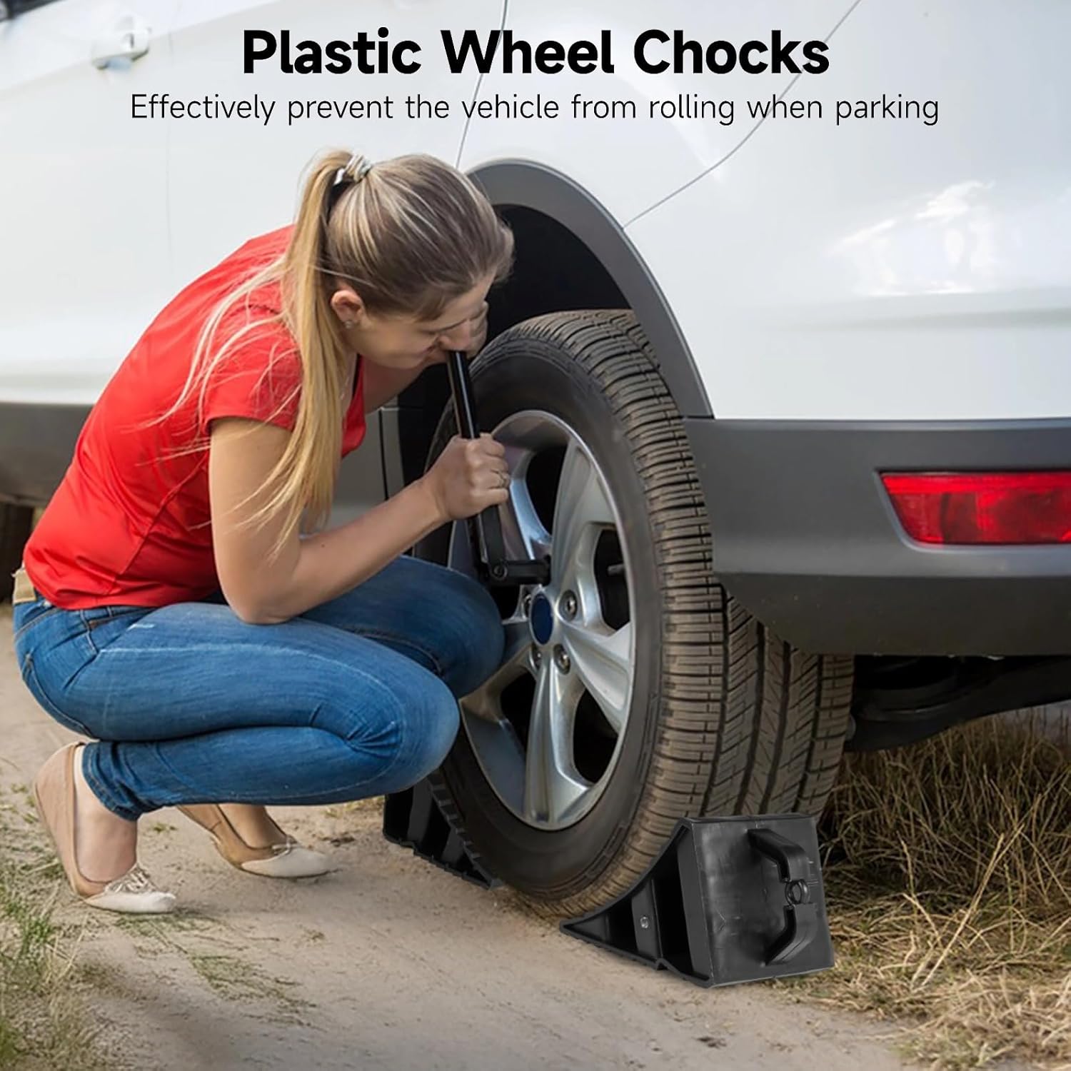 4 Pcs Wheel Chocks for Rv SUV Car, Plastic Tire Stoppers, Serrated, Portable Handle, 7.87 X 4.72 X 4.3 in