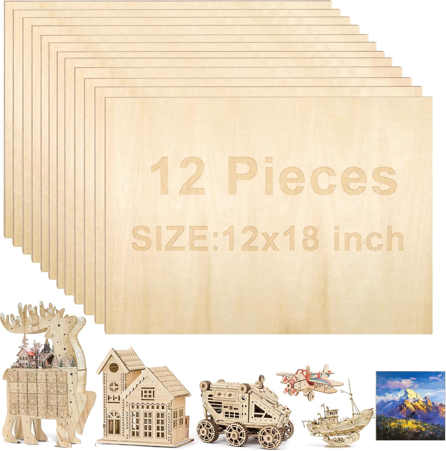 12Pack 12x18x1/8 Inch Basswood Sheets, MAPRIAL Smooth 2mm Plywood for Laser Cutting, Unfinished Wood Board for Engraving, Cutter, Engraver, Models, Wood Burning, Painting, Crafts, Ornaments, Gifts