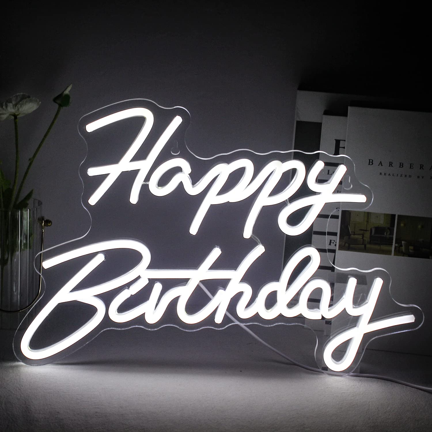SIGNSHIP Happy Birthday Neon Sign White LED Neon Light for Wall Decoration USB Power Letter Light Signs for Home Bedroom Bar Club Birthday Party Decoration Birthday Gift — image 1