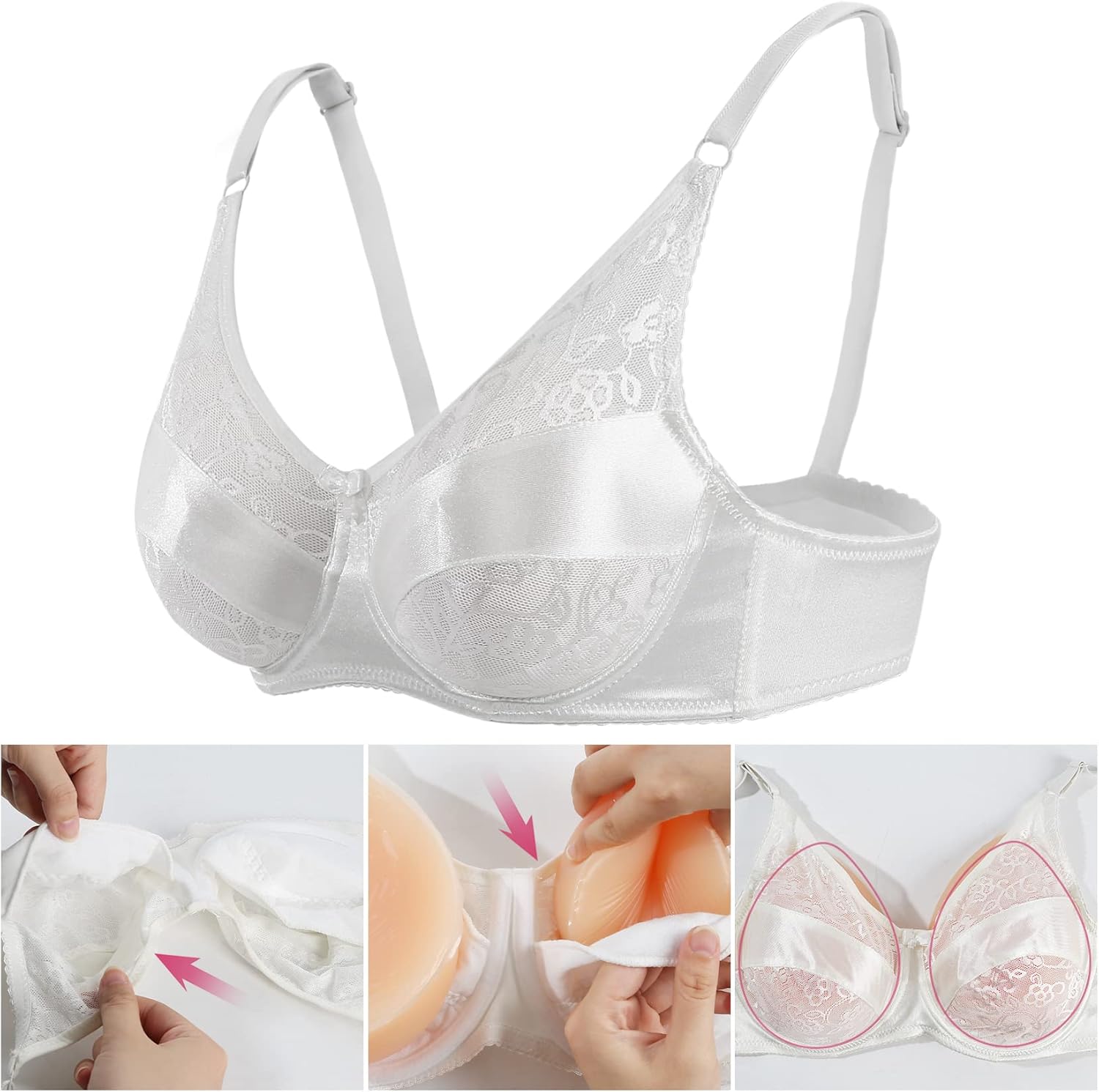 IVITA Mastectomy Bra Post Surgery Pocket Bra for Silicone Breast Forms Fake Boobs Prosthesis Medium White