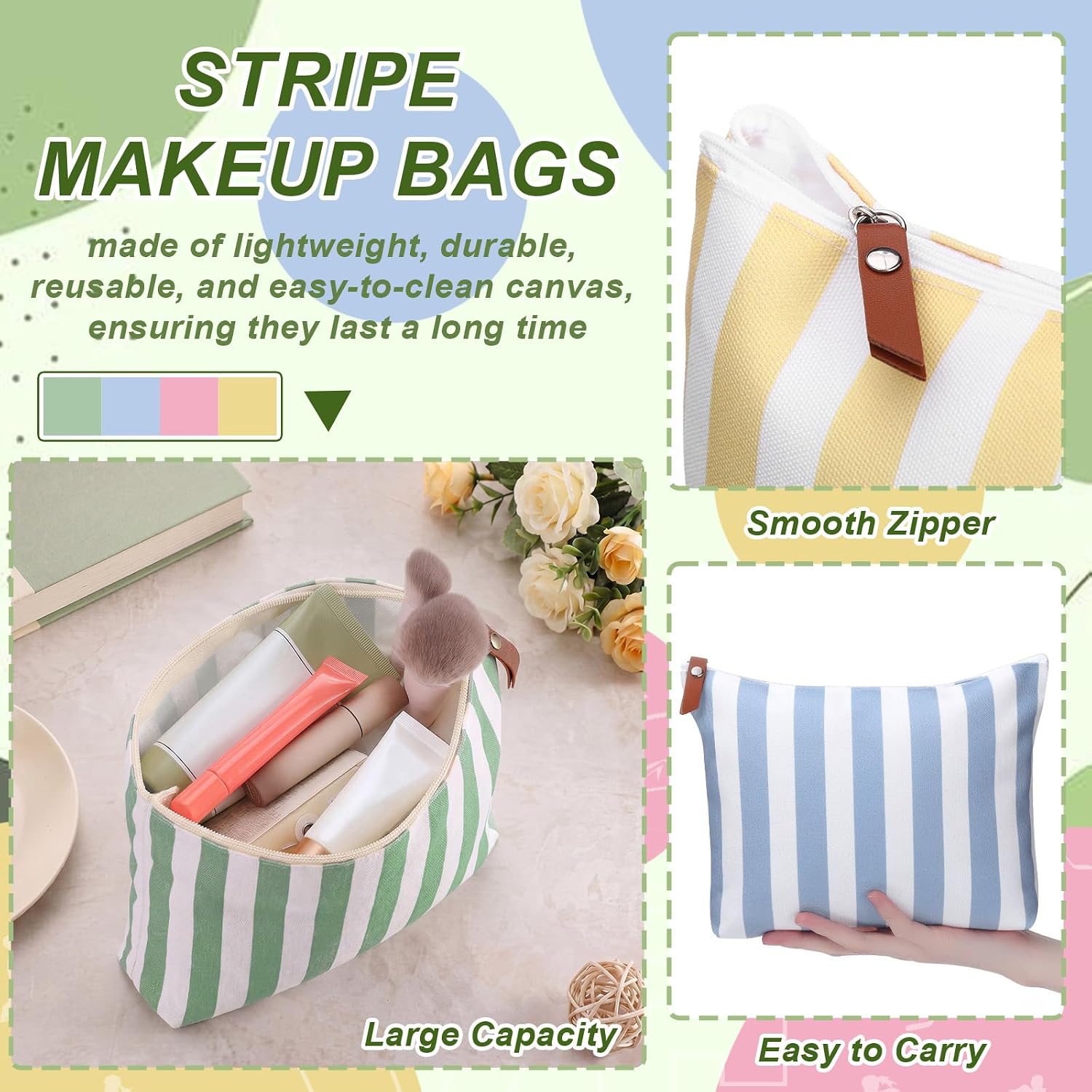 Hillban 12 Pcs Mixed Pastel Colors Striped Makeup Bags Bulk Canvas Cosmetic Bag Beach Themed Gifts Travel Toiletry Organizer Zipper Pouch Bags for Women Bridemaids Party Favors