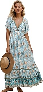 Women's Summer V Neck Maxi Dress Boho Floral Print Short Sleeve Elastic Waist Ruffle Patchwork A-Line Beach Dress - Buy now