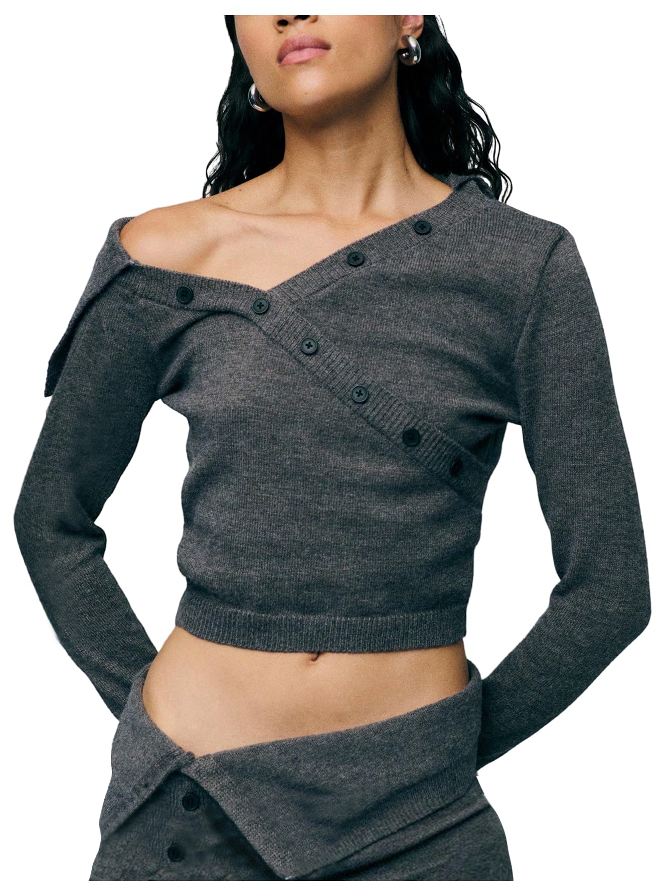 Verdusa Womens Asymmetrical Pullover Sweaters Foldover Button Crop Tops Early Fall Fashion