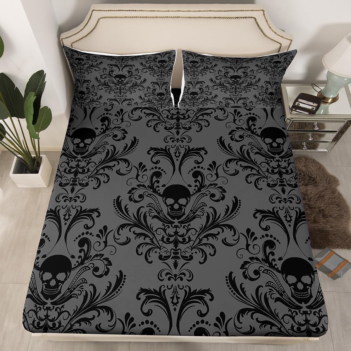 Adults Black Damask Sheet Set Antique Victorian Baroque Bed Sheets Set King Size Gothic Vintage Floral Sheets Exotic Sugar Skull Bedding Set King,Gothic Bone Skeleton Bohemian Decor,Grey
