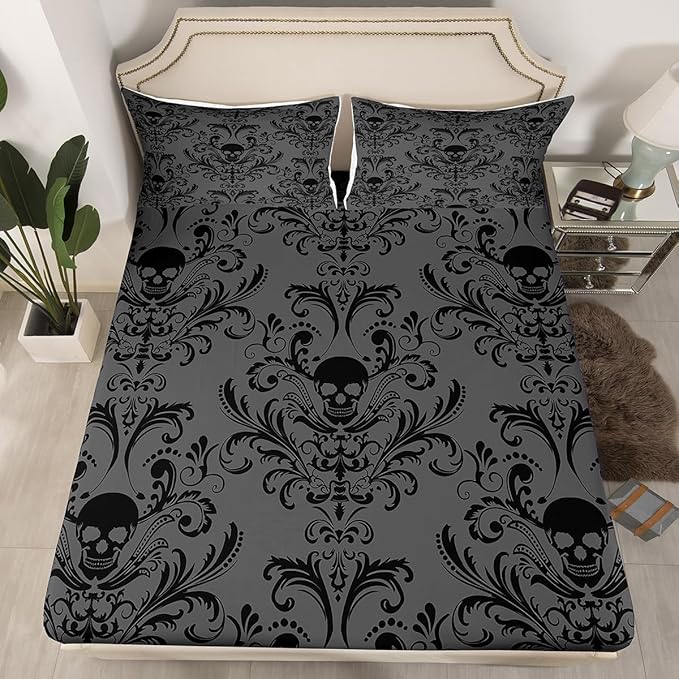 Adults Black Damask Bed Sheets Antique Victorian Baroque Fitted Sheet Queen Size Gothic Vintage Floral Sheets Exotic Sugar Skull Bedding Set Queen,Gothic Bone Skeleton Bohemian Decor,Grey