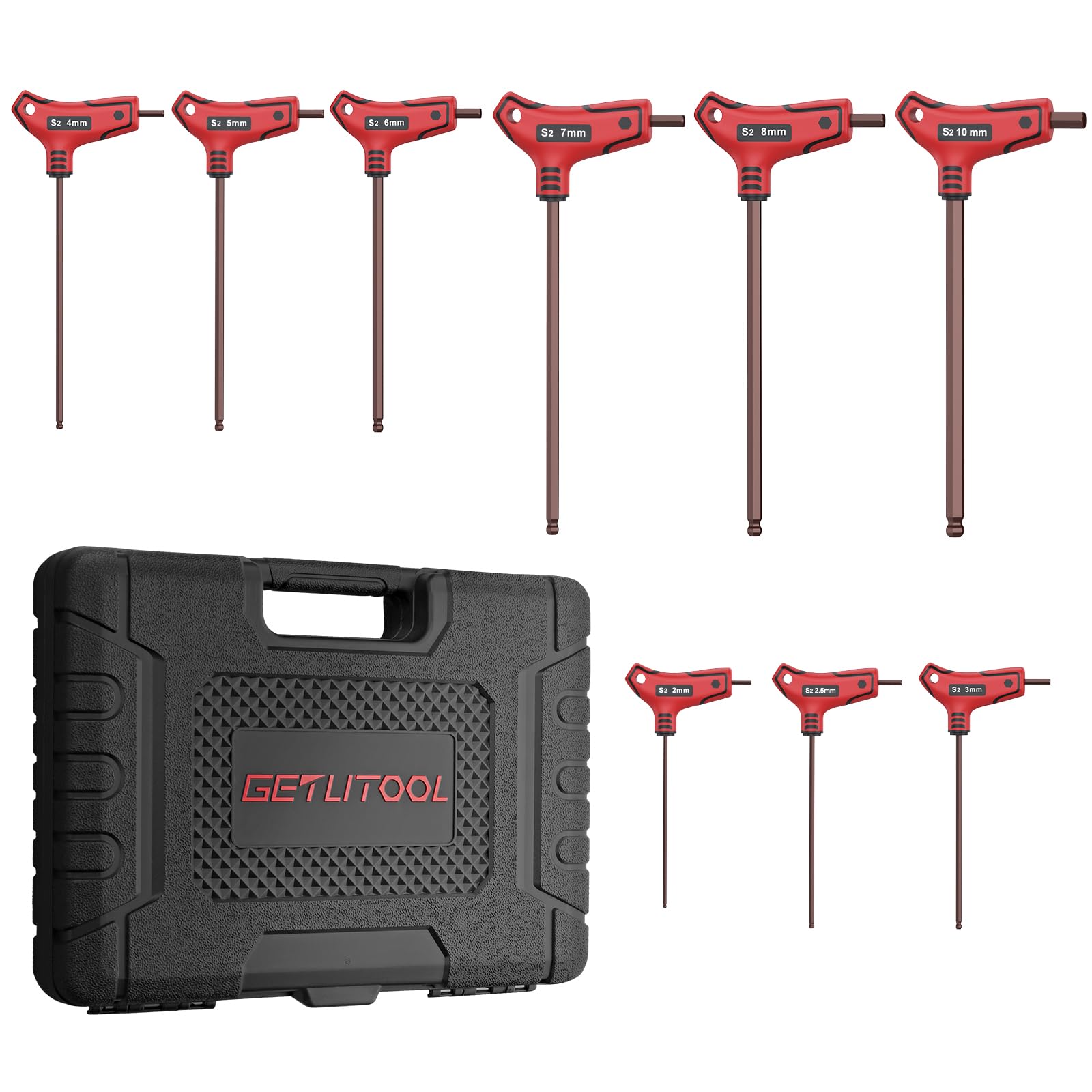 GETLIOTOOL 9pcs Llaves Allen Mango en T HX 2-10mm de Acero S2 Llaves Hexagonales Métricas Ergonómico Cabeza Esférica Brazo Largo para Reparaciones de Bricolaje