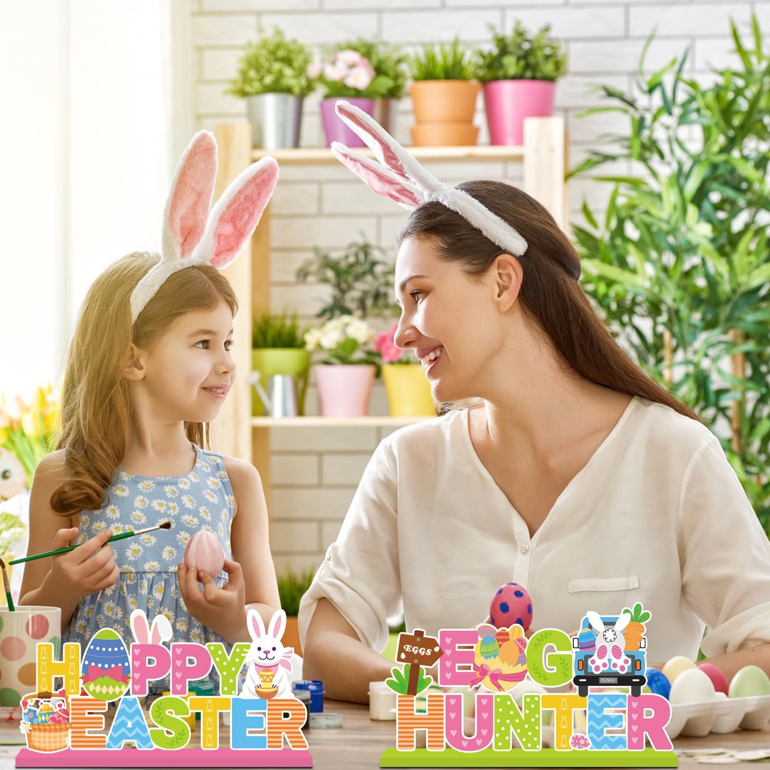 4Pcs Easter Decorations Wooden Table Centerpiece Happy Easter Table Decorations Bunny Colorful Egg Carrot Truck Tabletop Tiered Tray Decor for Home Office Party Decor Supplies