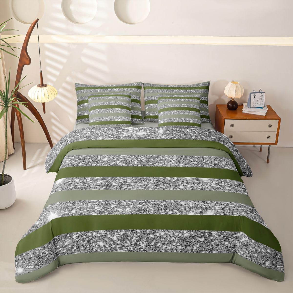 Loussiesd Juego de funda de edredón de 7 piezas, color verde oscuro, tamaño doble, juego de ropa de cama con purpurina en una bolsa, funda de edredón, sábanas, fundas de almohada, fundas de cojín