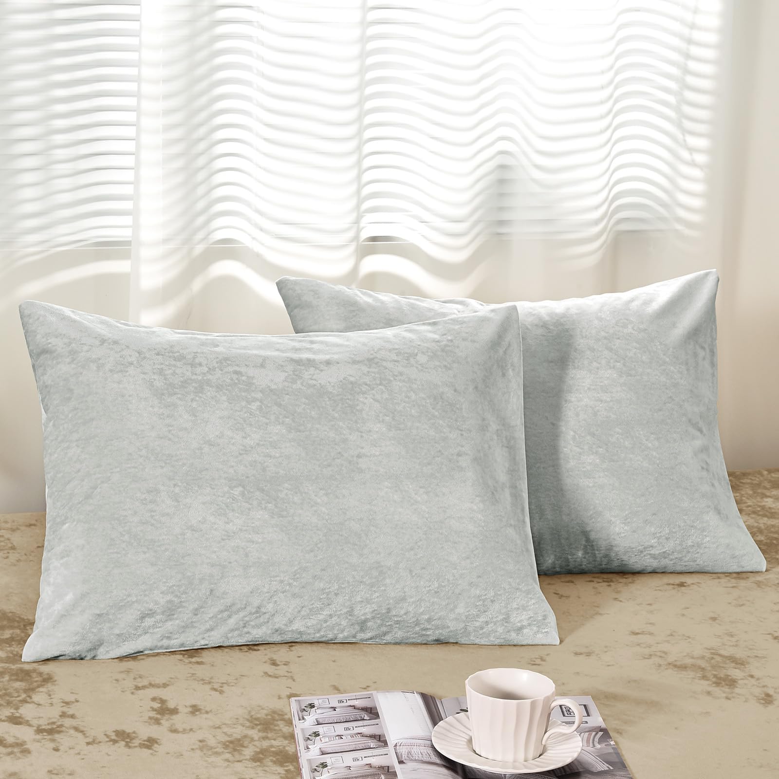 PHF Truly Velvet Pillowcases King Size, No Insert, 2 Pack Ultra Soft Breathable Pillow Shams Covers with Envelope Closure, 20" X 36" Luxury Cozy Warm Fuzzy Flannel, Silver Grey
