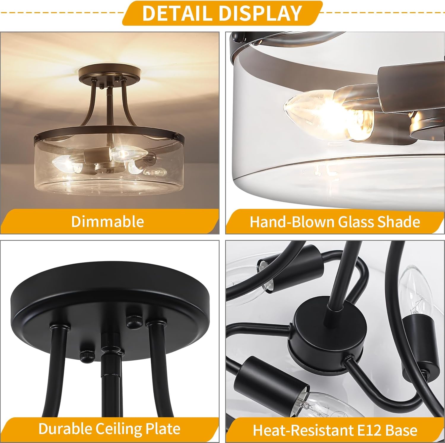 11.81" Black Semi Flush Mount Ceiling Light Modern Glass Light Fixture Industrial Hallway Lights 3-Light Close to Ceiling Light Fixtures for Entryway Bedroom Kitchen Dining Room Laundry Room Lighting