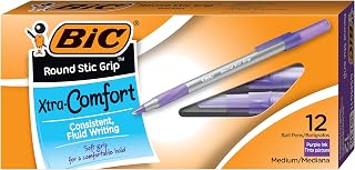 BIC Round Stic Grip Xtra Comfort Ball Pen, Medium (1.2 mm), Purple, 12-Count (GSMG11-PURPLE)