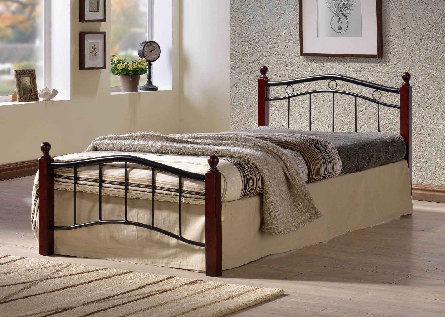 MAF Wood And Steel Bed MAF-8882- Size 190x90 With Wooden Legs Cherry Brown
