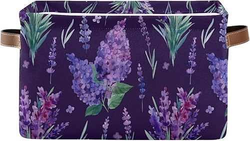 Cesta de almacenamiento plegable grande de flores de lavanda, contenedor de almacenamiento floral morado, caja de juguetes de tela, bolsa