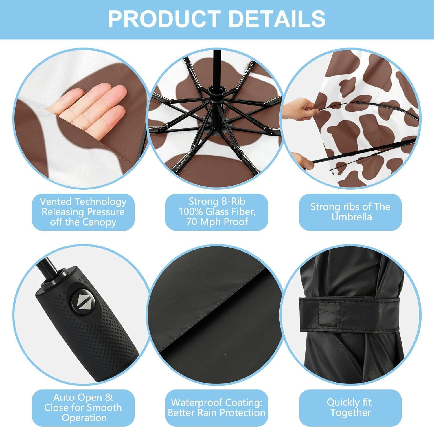 Brown Cow Print Wind Proof Umbrella Foldable Umbrellas for College Dorm Fits Car
