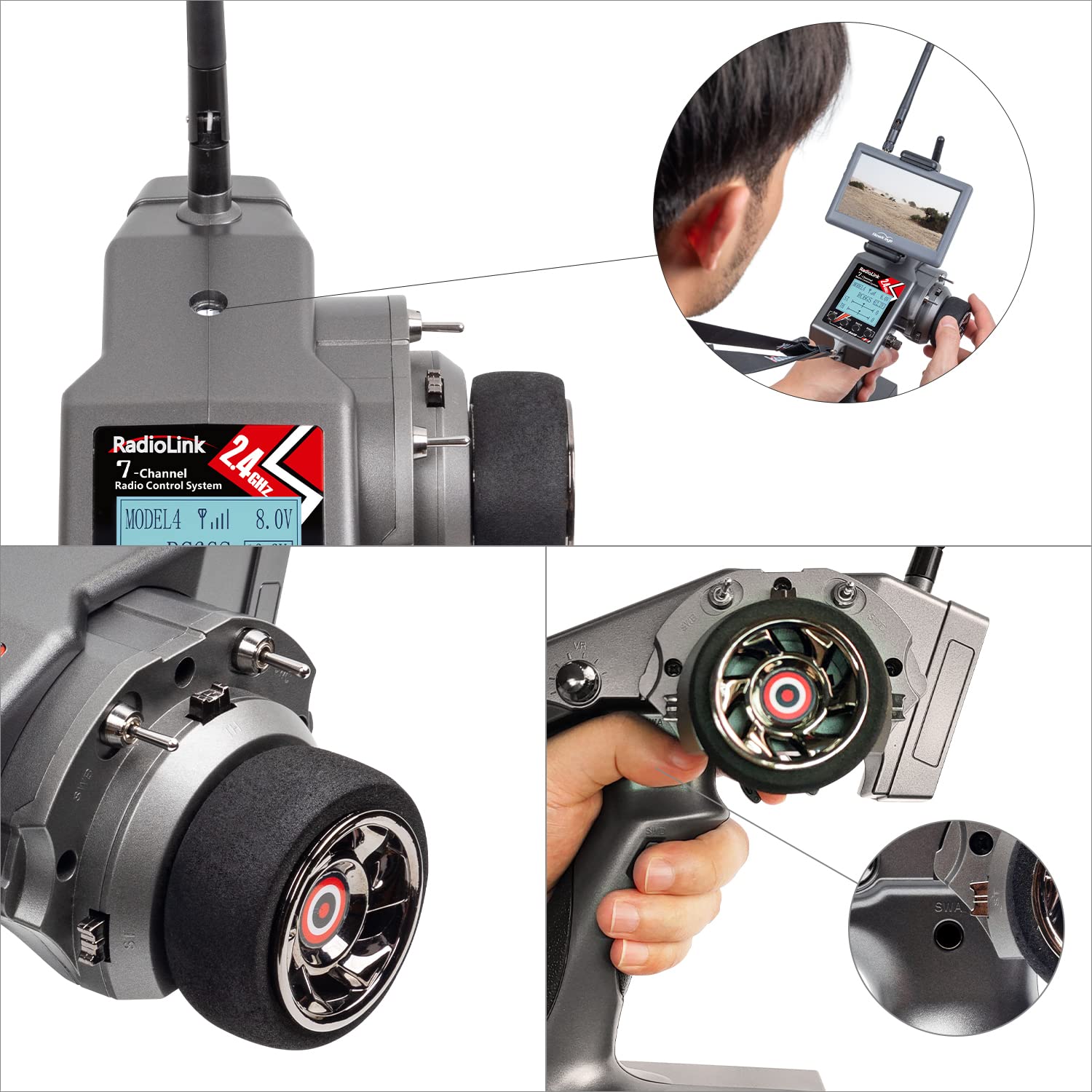 Radiolink RC6GS V3 Transmisor de Radio RC de 7 Canales con 2 receptores giroscópicos R7FG, Telemetría Tensión, 30 Modelos Almacenamiento Mando Distancia (Menú Solo en inglés)