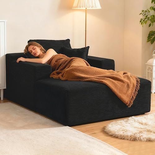 66" Oversized Chaise Lounge Chair Indoor, Corduroy Upholstered Sofa Bed with Pocket Springs&High-Density Foam, Deep Seat Sleeper Couch with 3 Pillows, No Assembly for Living Room (Black)
